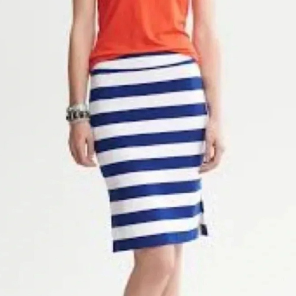 Banana Republic Blue & White Ponte Stretch Pencil Skirt Side Slits Size 0 XS